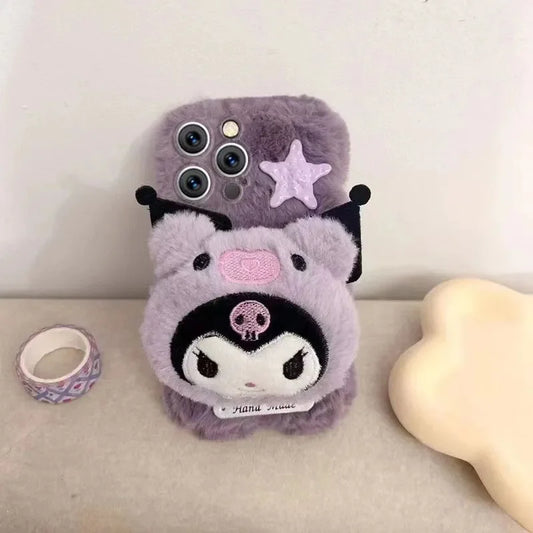 Cartoon Cute Animation Sanrio Kuromi Plush Phone Soft Case for Iphone 12 13 14 15 16 Pro Max Case Plush Winter Kawaii Gift